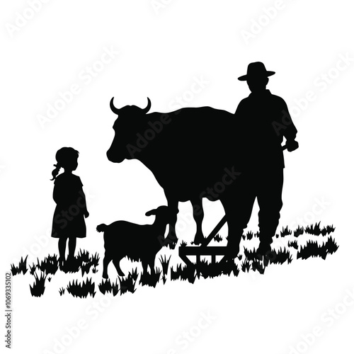 a black silhouette of a farmer plowing a field with a plow.