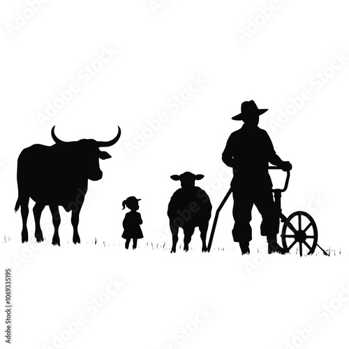 a black silhouette of a farmer plowing a field with a plow.