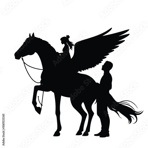 silhouette of a winged horse standing gracefully on an isolated white background.