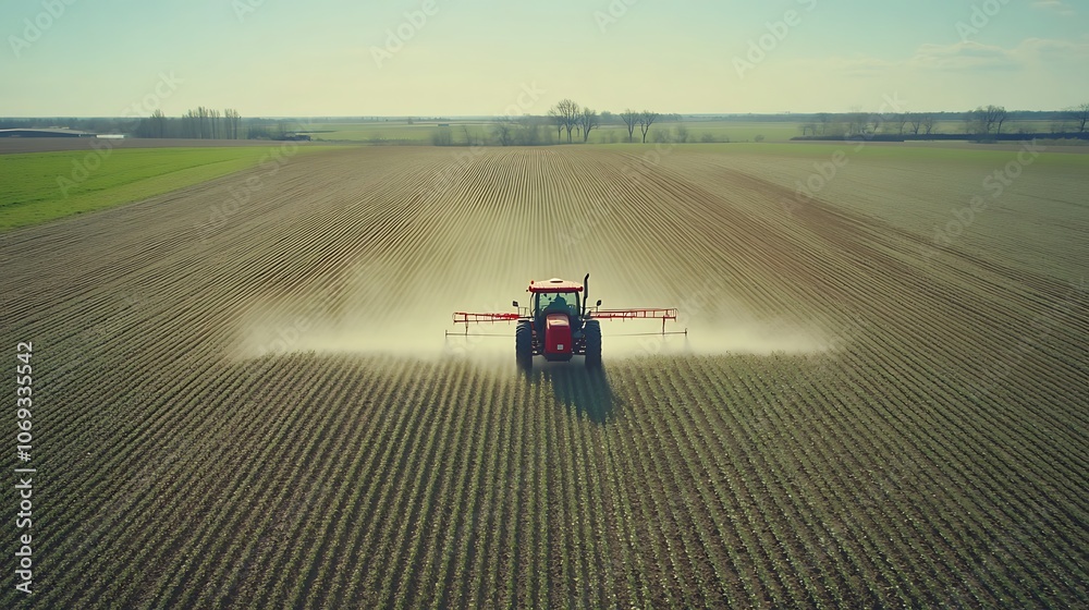 Fototapeta premium A tractor is spraying a field