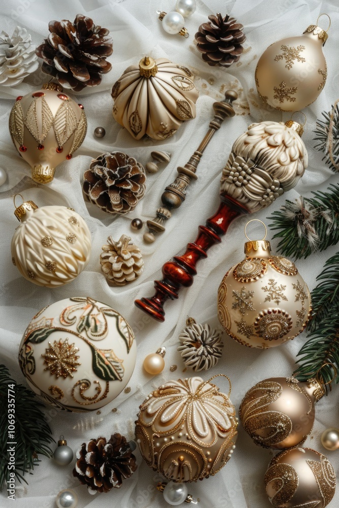 Decorated Christmas table with many ornaments and festive atmosphere Decorated Christmas table with many ornaments and festive atmosphere