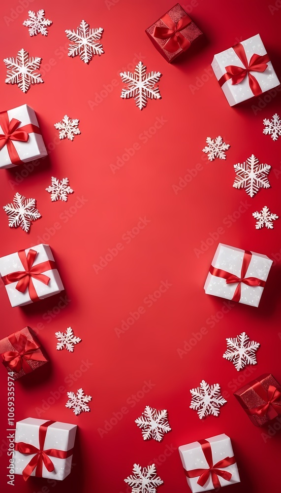 Frame Festively wrapped gifts surrounded by snowflakes on a red background during the holiday season