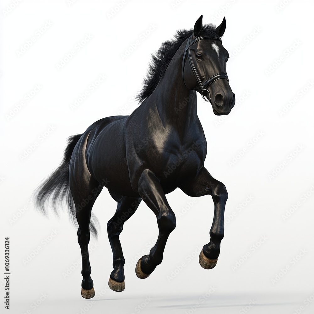 A majestic black horse in mid gait, showcasing its elegance and strength against a light background. A majestic black horse in mid gait, showcasing its elegance and strength against a light background.