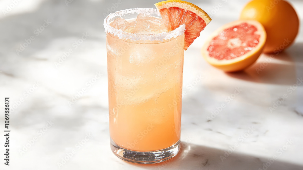 Grapefruit cocktail with ice and salted rim on marble table Grapefruit cocktail with ice and salted rim on marble table