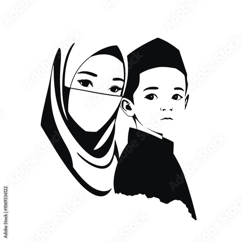 Vector silhouette of a Muslim girl and a Muslim boy together, both wearing traditional attire