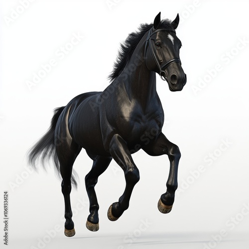 A majestic black horse in mid gait, showcasing its elegance and strength against a light background.