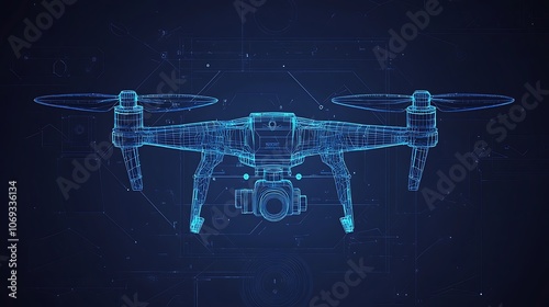 A blue wireframe drawing of a drone   and  camera attached with it.