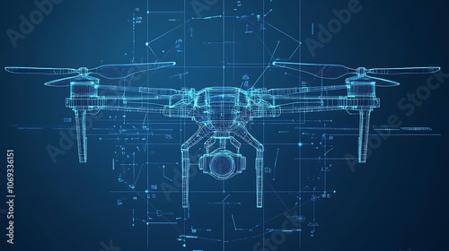 A blue wireframe drawing of a drone   and  camera attached with it.
