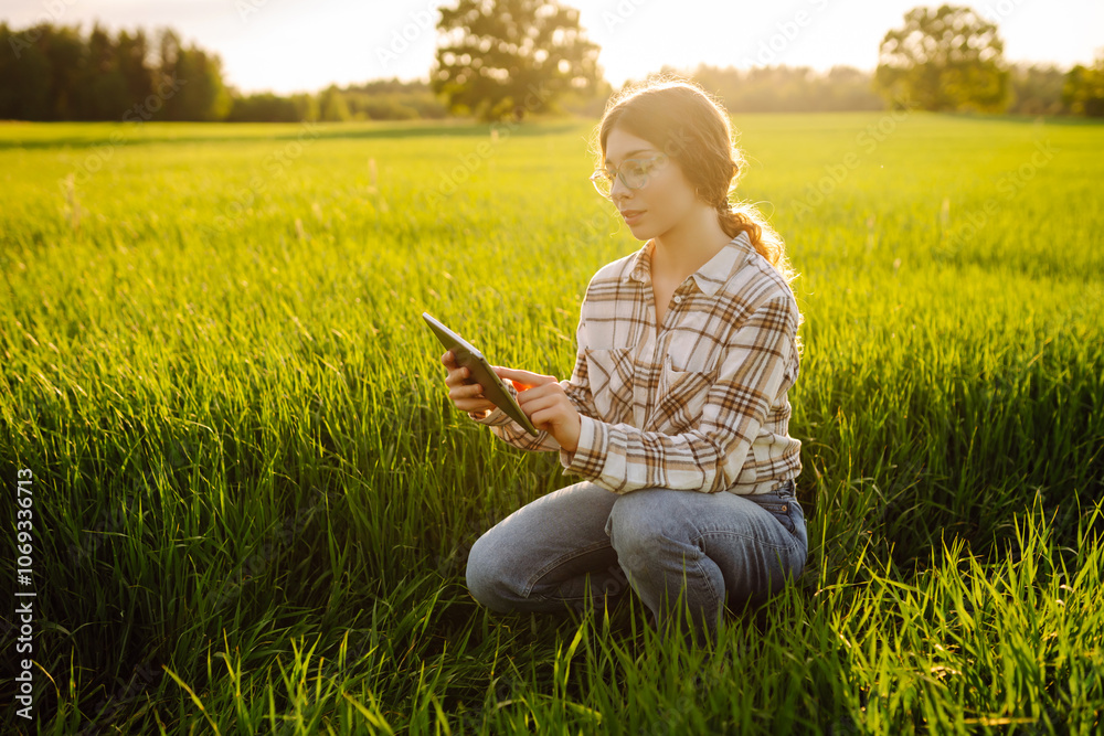 Smart farm. Woman farmer works digital tablet in green field. Growth dynamics.