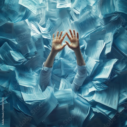 A pair of hands reaching up from a sea of blue printed papers, symbolizing overwhelm. photo