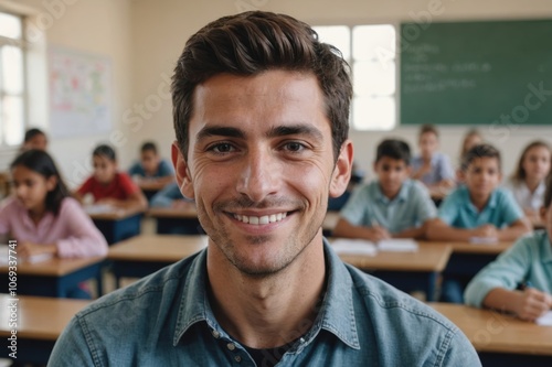 Close portrait of a smiling young Argentine man  school teacher looking at the camera, Argentine school classroom blurred background photo