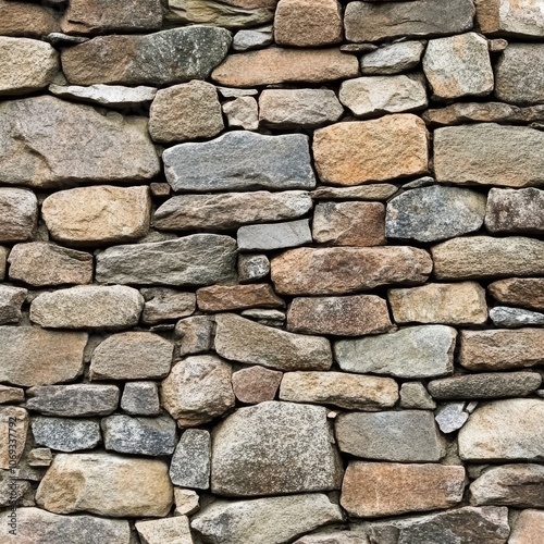 A rustic wall made of natural stones in brown and gray shades, with unevenly placed blocks.