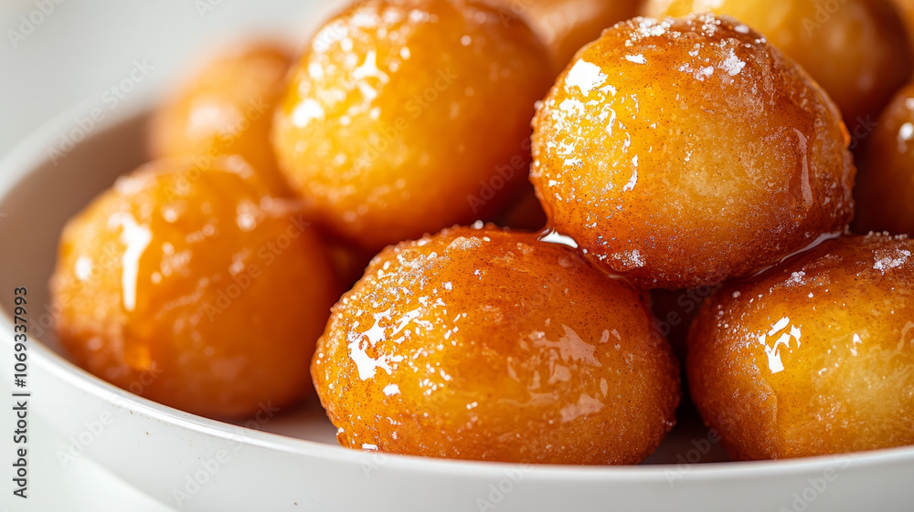 Plate of golden honey-glazed doughnut balls. Plate of golden honey-glazed doughnut balls.