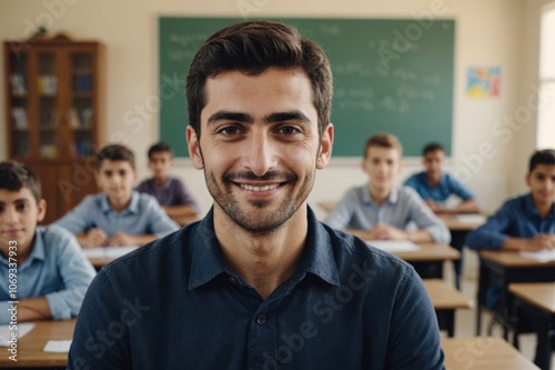 Close portrait of a smiling young Armenian man school teacher looking at the camera, Armenian school classroom blurred background