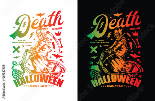 Death on a Scooter. Halloween Poster. Original vector illustration in vintage style. T-shirt design. photo