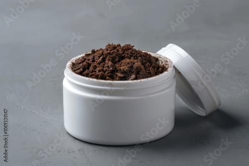 A simple white container filled with dirt sits on a table, ideal for use in still life compositions or as a prop