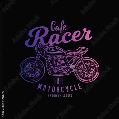 Cafe racer custom motorcycle. Original vector illustration in vintage style isolated on black background. T-shirt design.