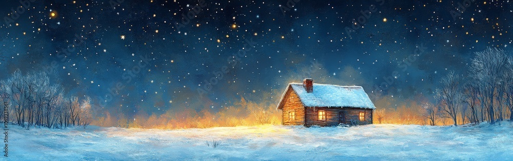 Snowy Winter Night with a Cozy Cabin and Starry Sky Snowy Winter Night with a Cozy Cabin and Starry Sky