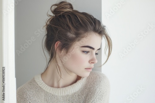 A woman with unruly hair tied up in a messy bun, everyday look photo