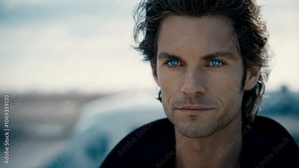 A striking man showcases his blue eyes and textured hair while wearing a black garment, exuding a confident demeanor. A striking man showcases his blue eyes and textured hair while wearing a black garment, exuding a confident demeanor.