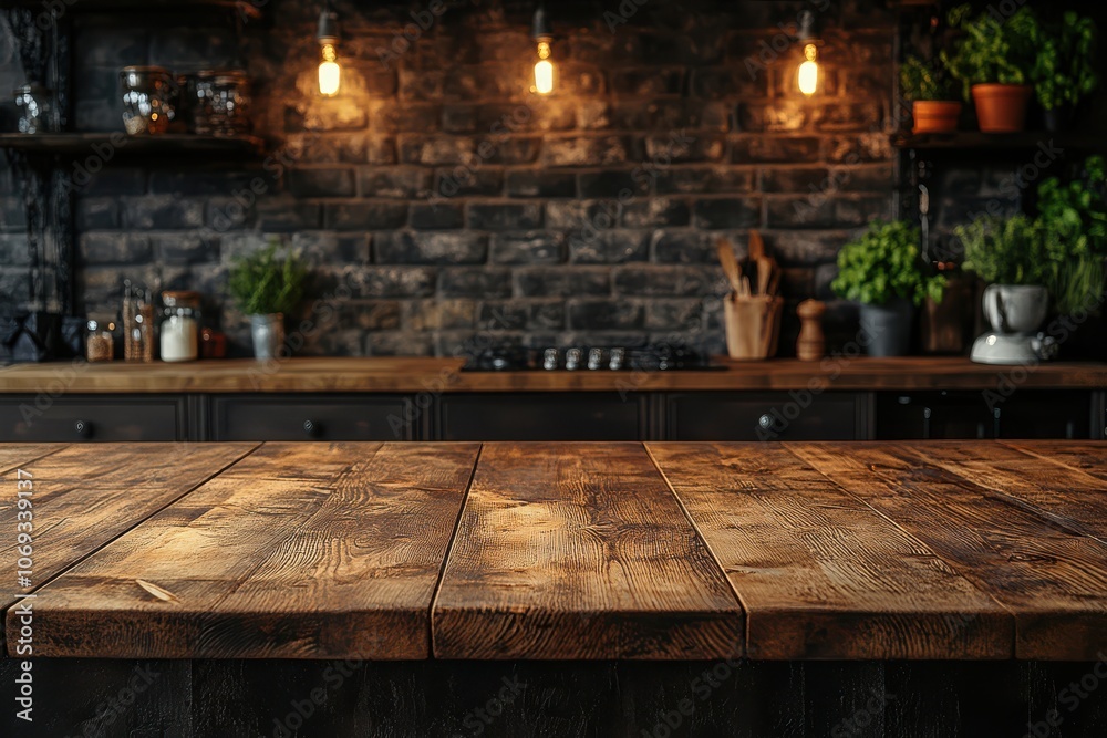 Dark kitchen with wooden table and soft lighting on fuzzy kitchen background.