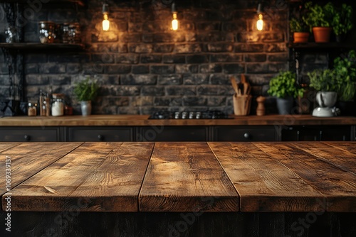 Obraz na płótnie Dark kitchen with wooden table and soft lighting on fuzzy kitchen background. w salonie