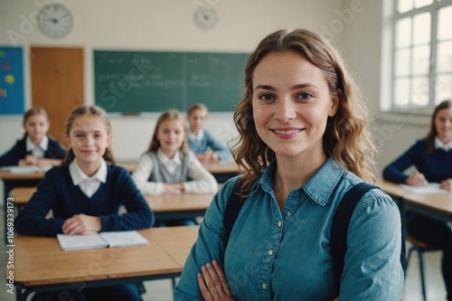 Close portrait of a smiling young Belarusian woman school teacher looking at the camera, standing against classroom after school day, blurred background