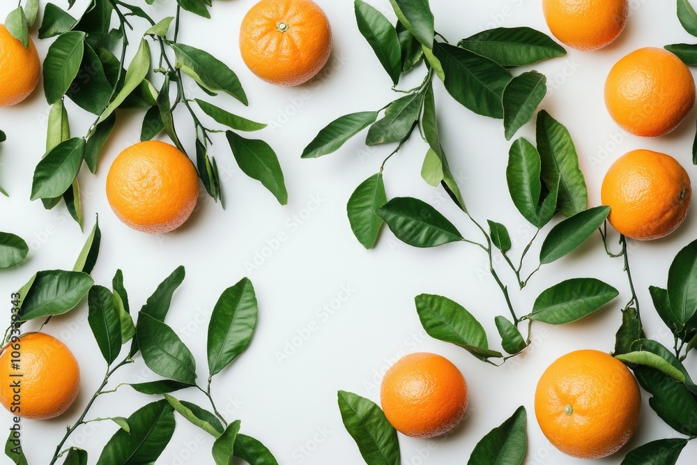 Fresh oranges with leaves arranged on a white surface, perfect for food or still life photography Fresh oranges with leaves arranged on a white surface, perfect for food or still life photography