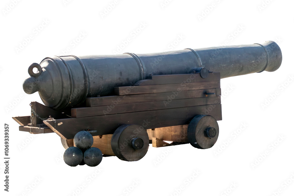 Photo of an old artillery cannon, the 32-pounder Blomefield, widely used in 16th century fortifications, isolated on a transparent background Photo of an old artillery cannon, the 32-pounder Blomefield, widely used in 16th century fortifications, isolated on a transparent background