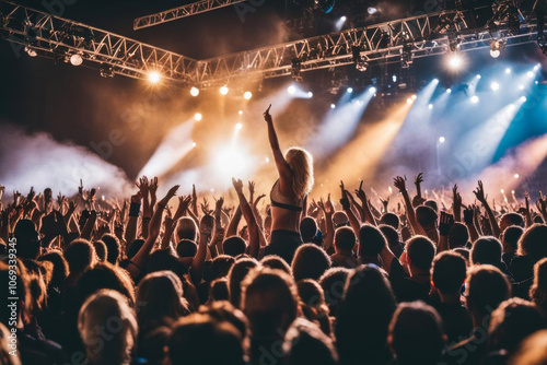 crowd at rock concert, scene with metal band lit with color, large-scale rock festival