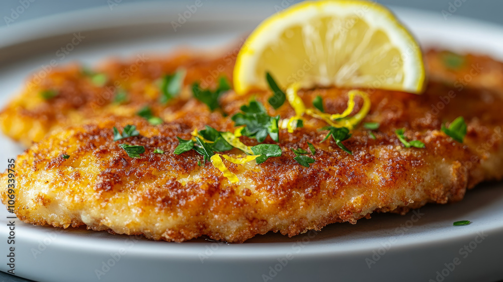 Crispy schnitzel with lemon and parsley garnish Crispy schnitzel with lemon and parsley garnish