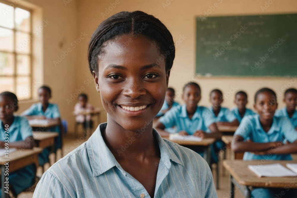Close portrait of a smiling young Beninese woman school teacher looking at the camera, standing against classroom after school day, blurred background Close portrait of a smiling young Beninese woman school teacher looking at the camera, standing against classroom after school day, blurred background