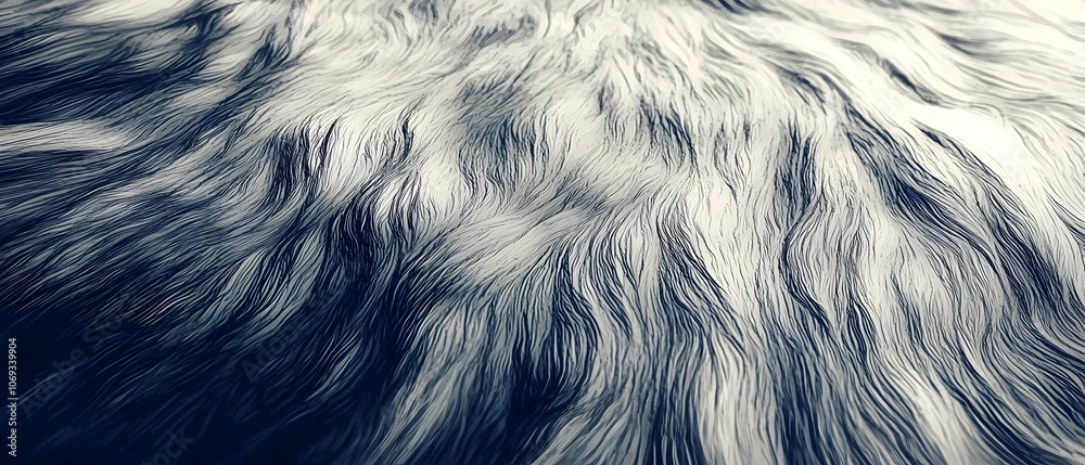 Obraz premium A close-up view of flowing fur texture, showcasing elegant strands with a mix of white and blue tones, creating a sense of softness and tranquility.