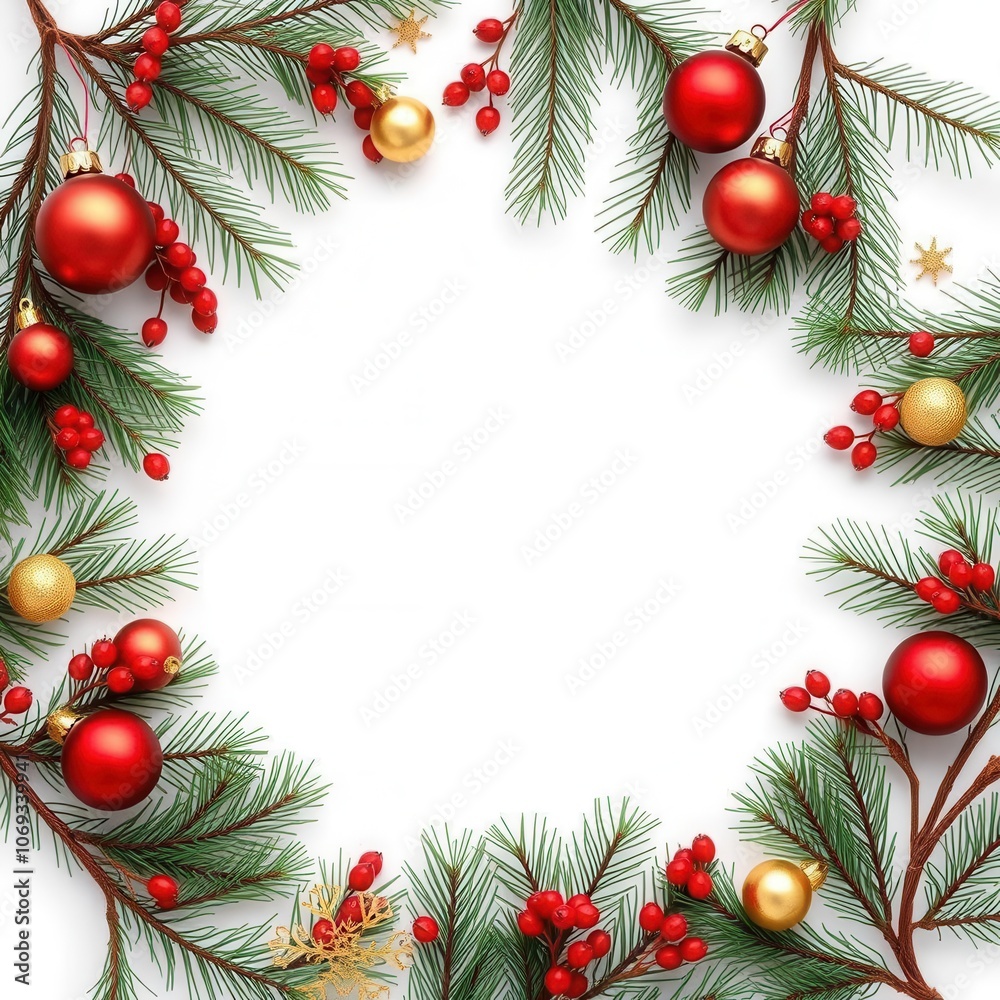 Festive Christmas frame with red and gold baubles, pine branches, and red berries on white background. Classic holiday border design with natural and decorative elements. Festive Christmas frame with red and gold baubles, pine branches, and red berries on white background. Classic holiday border design with natural and decorative elements.