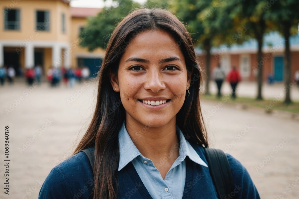Close portrait of a smiling young Bolivian woman school teacher looking at the camera, blurred background Close portrait of a smiling young Bolivian woman school teacher looking at the camera, blurred background