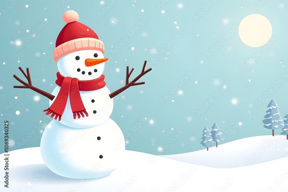 Cheerful Snowman with Red Scarf and Hat on Snowy Winter Day with Pine Trees in Background Cheerful Snowman with Red Scarf and Hat on Snowy Winter Day with Pine Trees in Background