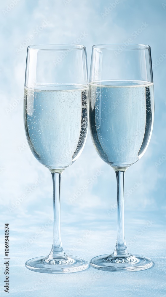 Two elegant glasses filled with sparkling water, set against a soft blue background, Ideal for celebratory themes, events, or product promotions, conveying refreshment and sophistication, Two elegant glasses filled with sparkling water, set against a soft blue background, Ideal for celebratory themes, events, or product promotions, conveying refreshment and sophistication,