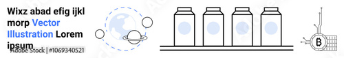 Text elements, planet and orbit, four containers, satellite with B label. Ideal for scientific blogs, educational websites, tech companies, space exploration, data visualization, infographics