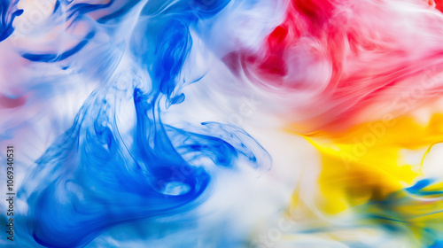 Flüssige Farben, Blau, Rot, Gelb, Weiß, vermischen sich miteinander, Hintergrund in Querformat, helle Farben