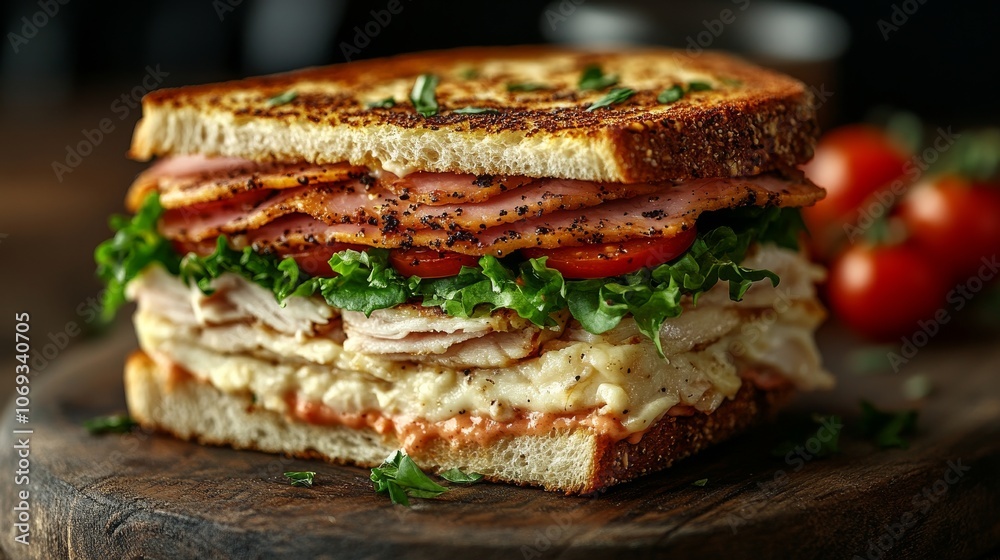Gourmet turkey and ham sandwich with lettuce and tomato on wooden board, food styling and culinary concept Gourmet turkey and ham sandwich with lettuce and tomato on wooden board, food styling and culinary concept