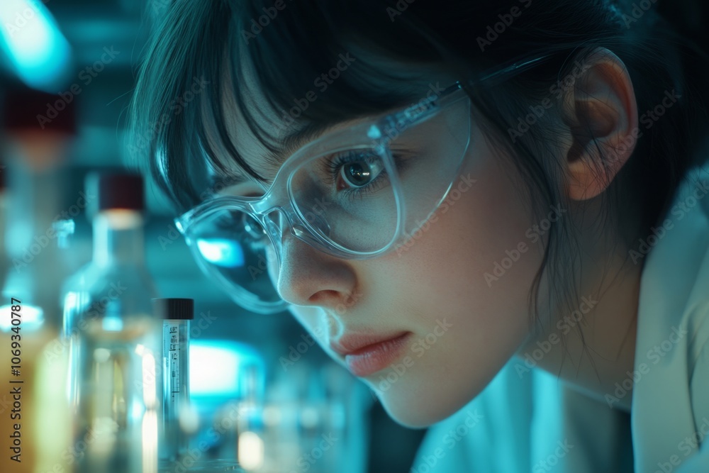 A focused scientist studies samples in a laboratory. The atmosphere is calm and professional. She wears safety glasses and works diligently on her research. Generative AI A focused scientist studies samples in a laboratory. The atmosphere is calm and professional. She wears safety glasses and works diligently on her research. Generative AI