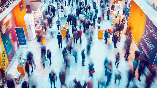 Long exposure shot of a busy trade exhibition floor with numerous booths and engaged visitors