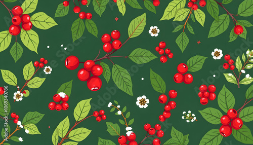 Christmas winter plants, flower leaves. Green holiday floral branch, snow nature leaf, coniferous forest tree with cones, red rowan berries. Flat decorative elements. Vector fabric pattern, cartoon 