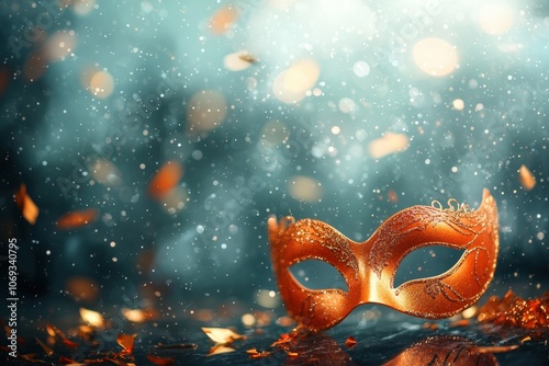 A glittering orange mask is set against a dreamy, blurred background sprinkled with glimmering lights and colorful confetti, Ideal for themes like celebration, mystery, or masquerades, photo