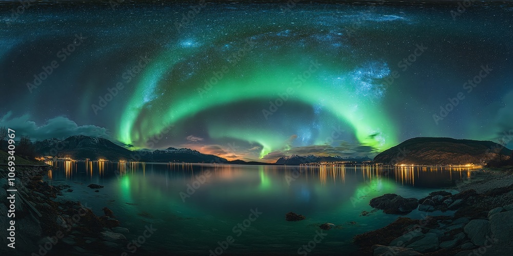 Northern Lights over Snowy Beach and Mountains at Night Northern Lights over Snowy Beach and Mountains at Night