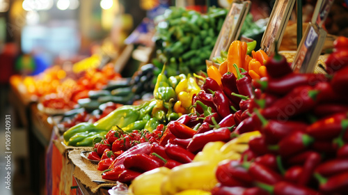 Ein Marktstand mit frischem Gemüse, Paprika und Chili, seitliche Ansicht, Nahaufnahme, Querformat photo