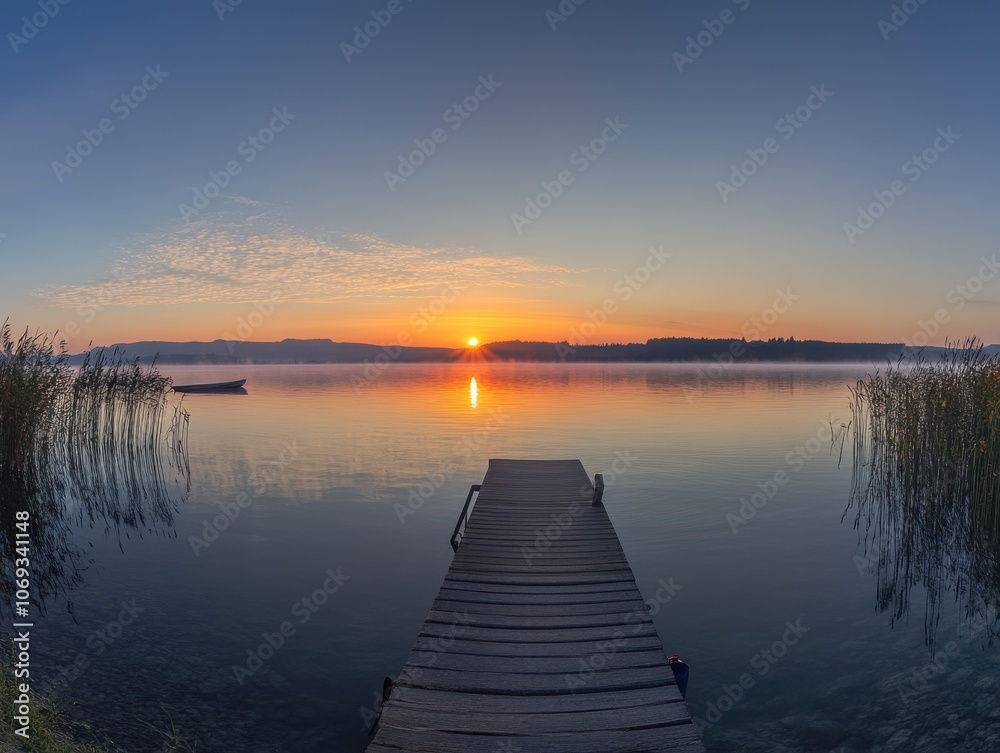 A wooden dock leads out into a calm lake at sunrise, with a small boat anchored in the distance. A wooden dock leads out into a calm lake at sunrise, with a small boat anchored in the distance.
