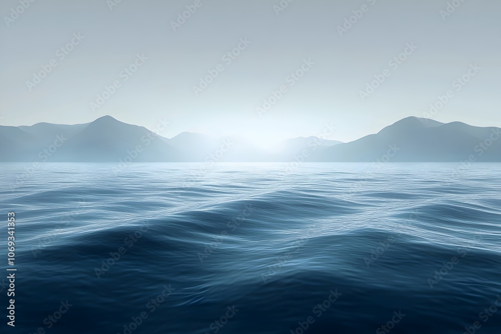 A serene, calm ocean surface stretches to the horizon, with soft waves reflecting gentle light, surrounded by distant, misty mountains creating a tranquil atmosphere. A serene, calm ocean surface stretches to the horizon, with soft waves reflecting gentle light, surrounded by distant, misty mountains creating a tranquil atmosphere.