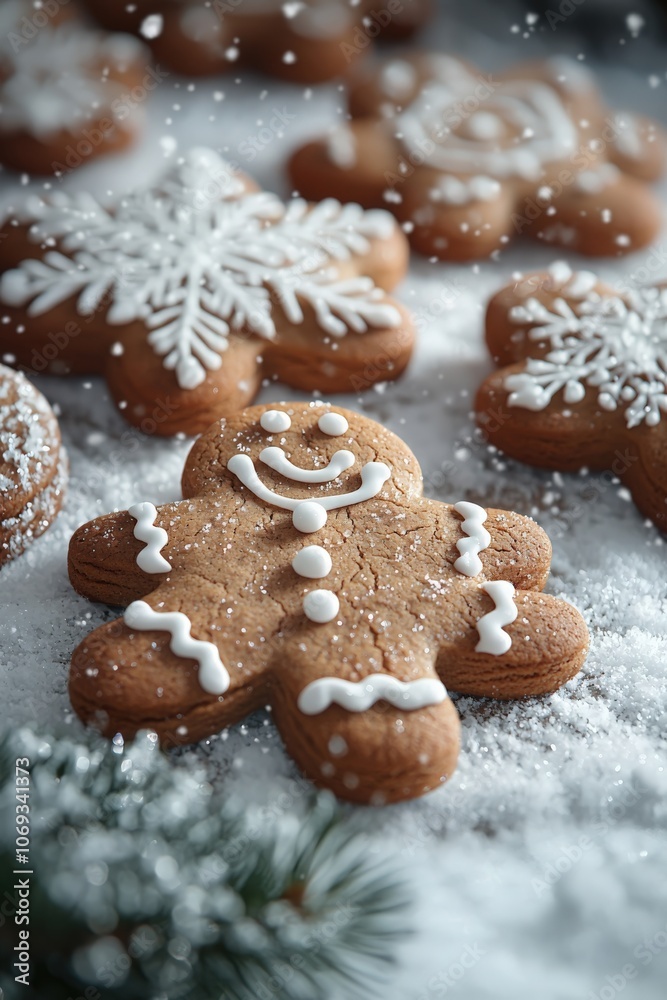 Gingerbread cookies decorated with icing on a snowy backdrop during the holiday season Gingerbread cookies decorated with icing on a snowy backdrop during the holiday season