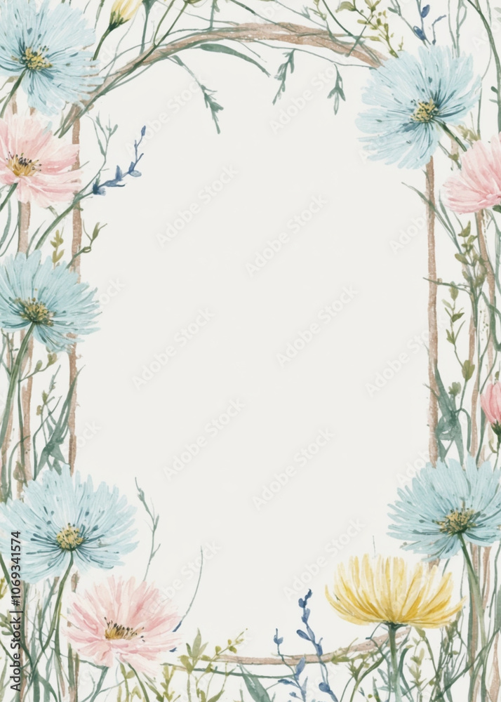 Fototapeta premium Delicate floral frame with intricate designs showcasing pastel colors, perfect for invitations or decorative art pieces, generative ai